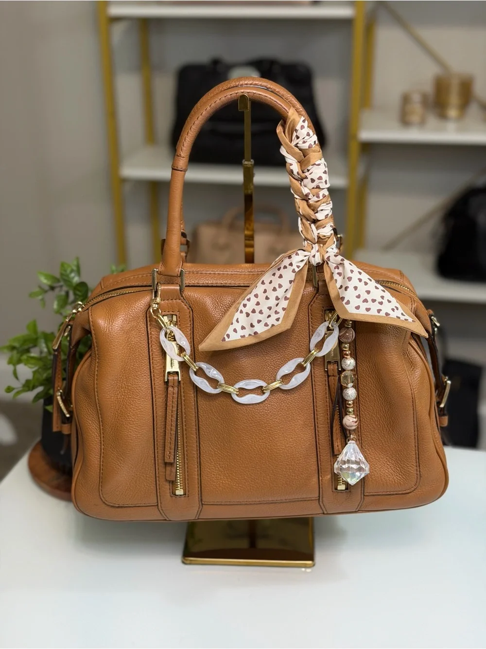 Michael Kors Julia Pebbled Leather Satchel with Scarf Accent